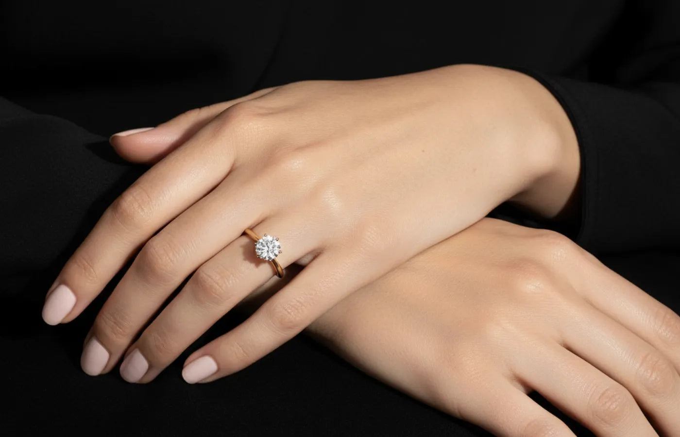 Enstens diamantring i gult gull med lab diamant på finngeren til modell