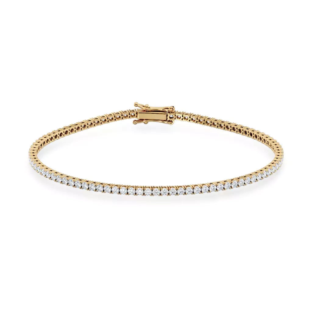 Tennisarmbånd gult gull 2,00 ct med lab diamanter vist liggende forfra.