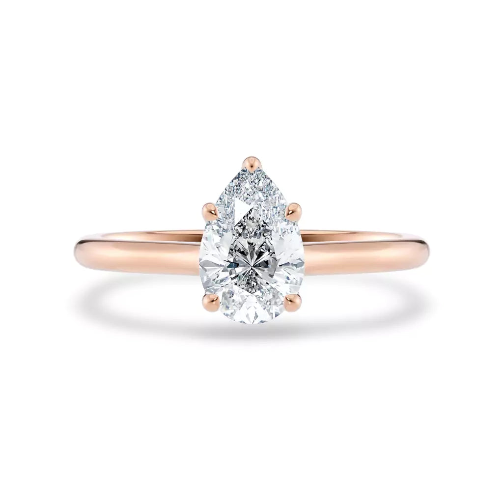 Diamantring dråpe roségull 1 ct lab diamant, vist liggende forfra, designet av Hartwell.