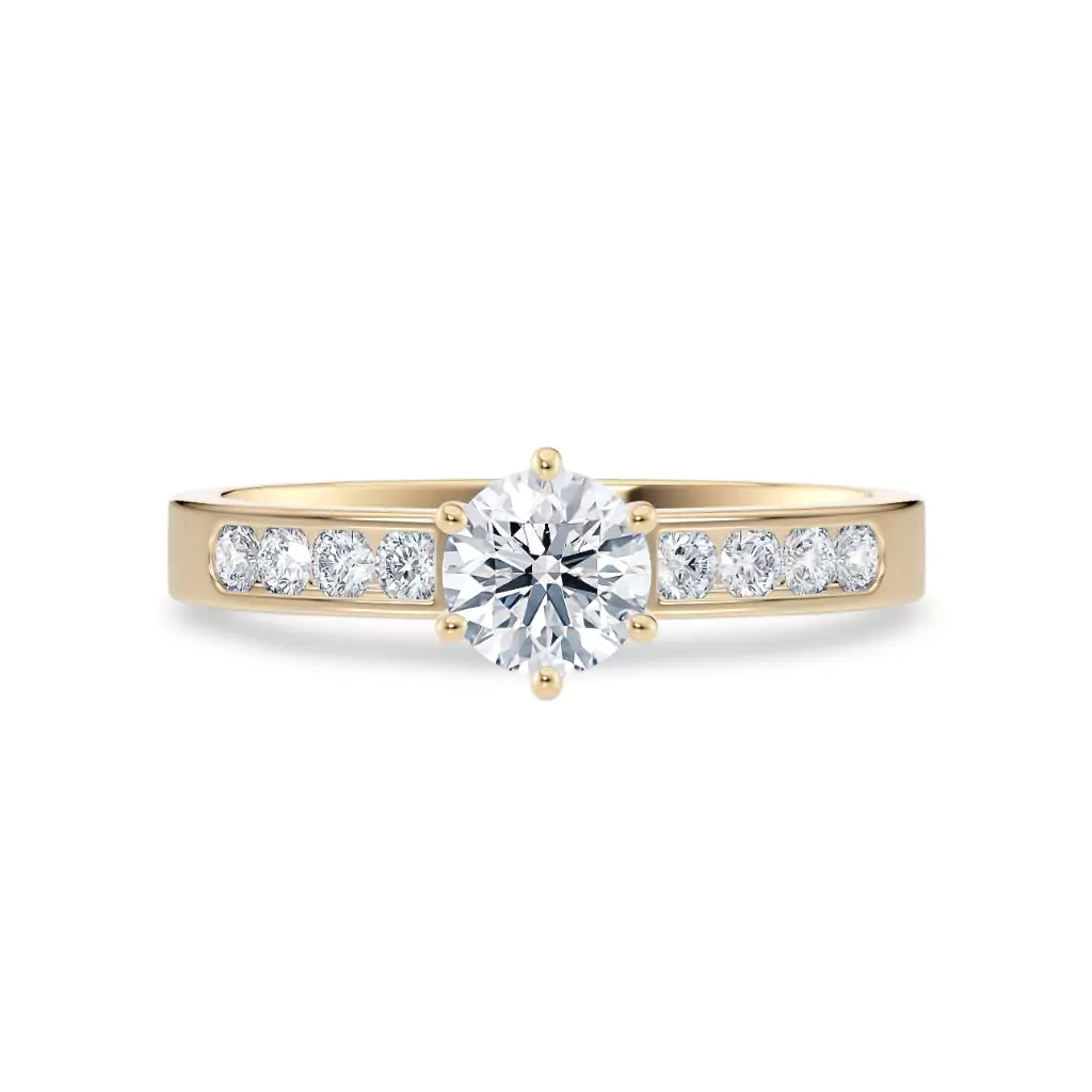 Diamantring kanalinnfatning gult gull med 0,74 ct med lab-diamant, vist liggende forfra, designet av Hartwell.