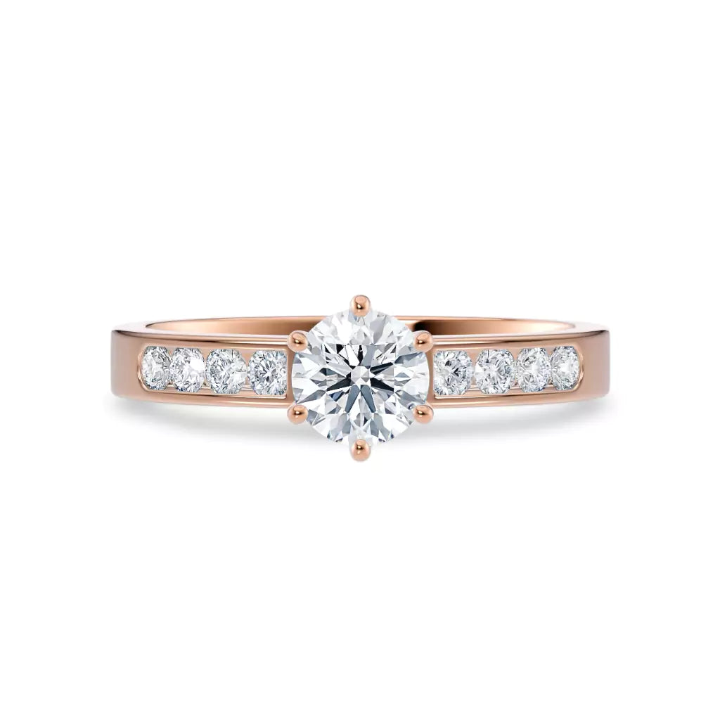 Diamantring kanalinnfatning i roségull med 0,74 ct med lab-diamant, vist liggende forfra, designet av Hartwell.