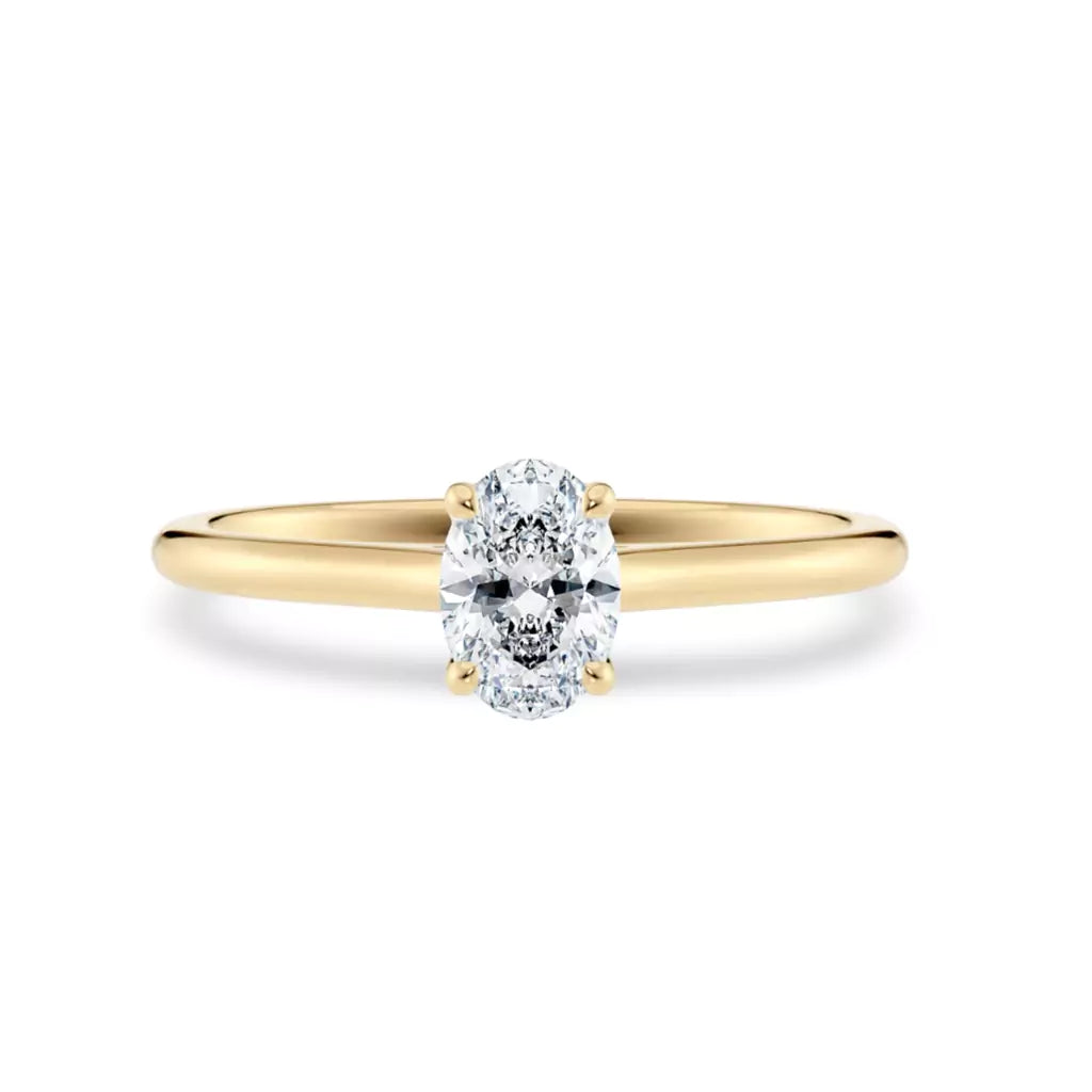 Diamantring oval gult gull 0,50 ct lab diamant, vist liggende forfra, designet av Hartwell.