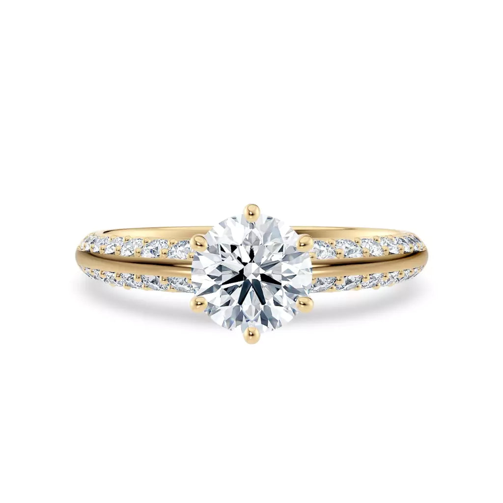 Diamantring tapered pavé gult gull med 1,40 ct med lab-diamant, vist liggende forfra, designet av Hartwell.
