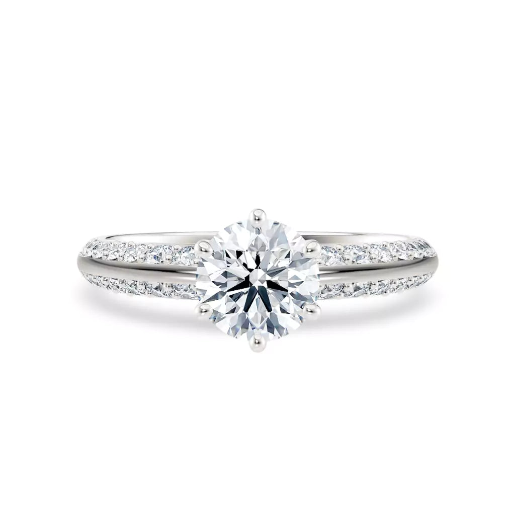Diamantring tapered pavé hvitt gull med 1,40 ct med lab-diamant, vist liggende forfra, designet av Hartwell.