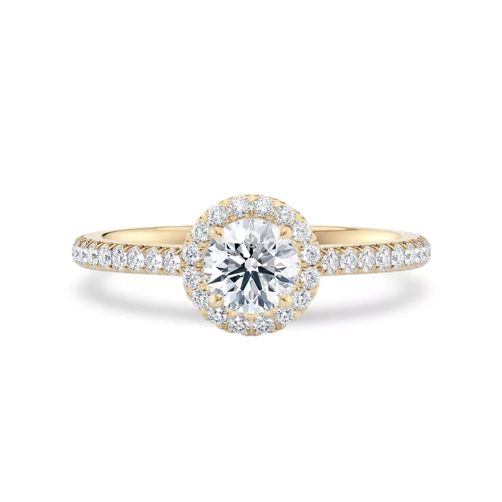 Rosettring gult gull, 0,82 ct lab diamant, vist liggende forfra, designet av Hartwell.