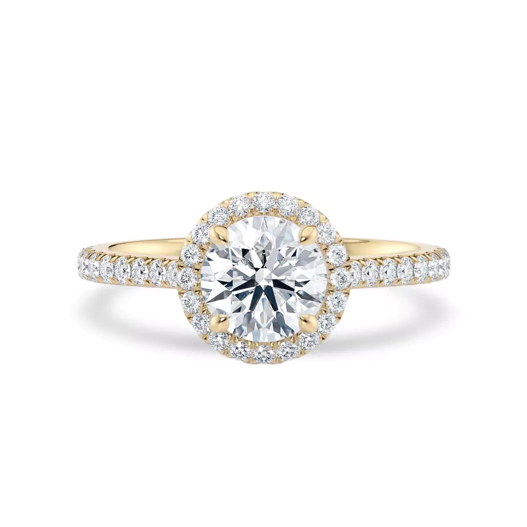 Rosettring gult gull, 1,46 ct lab diamant, vist liggende forfra, designet av Hartwell.
