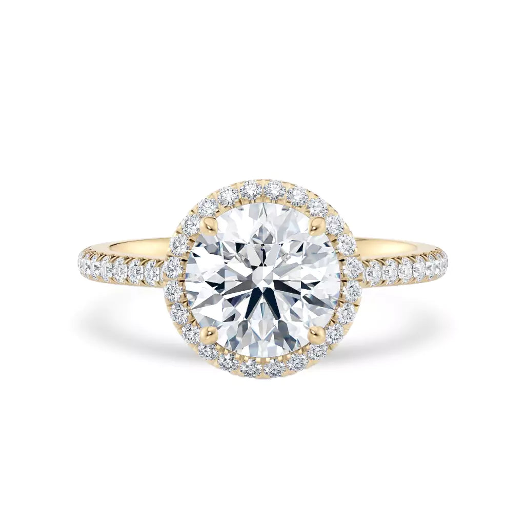 Rosettring gult gull, 2,49 ct lab diamant, vist liggende forfra, designet av Hartwell.