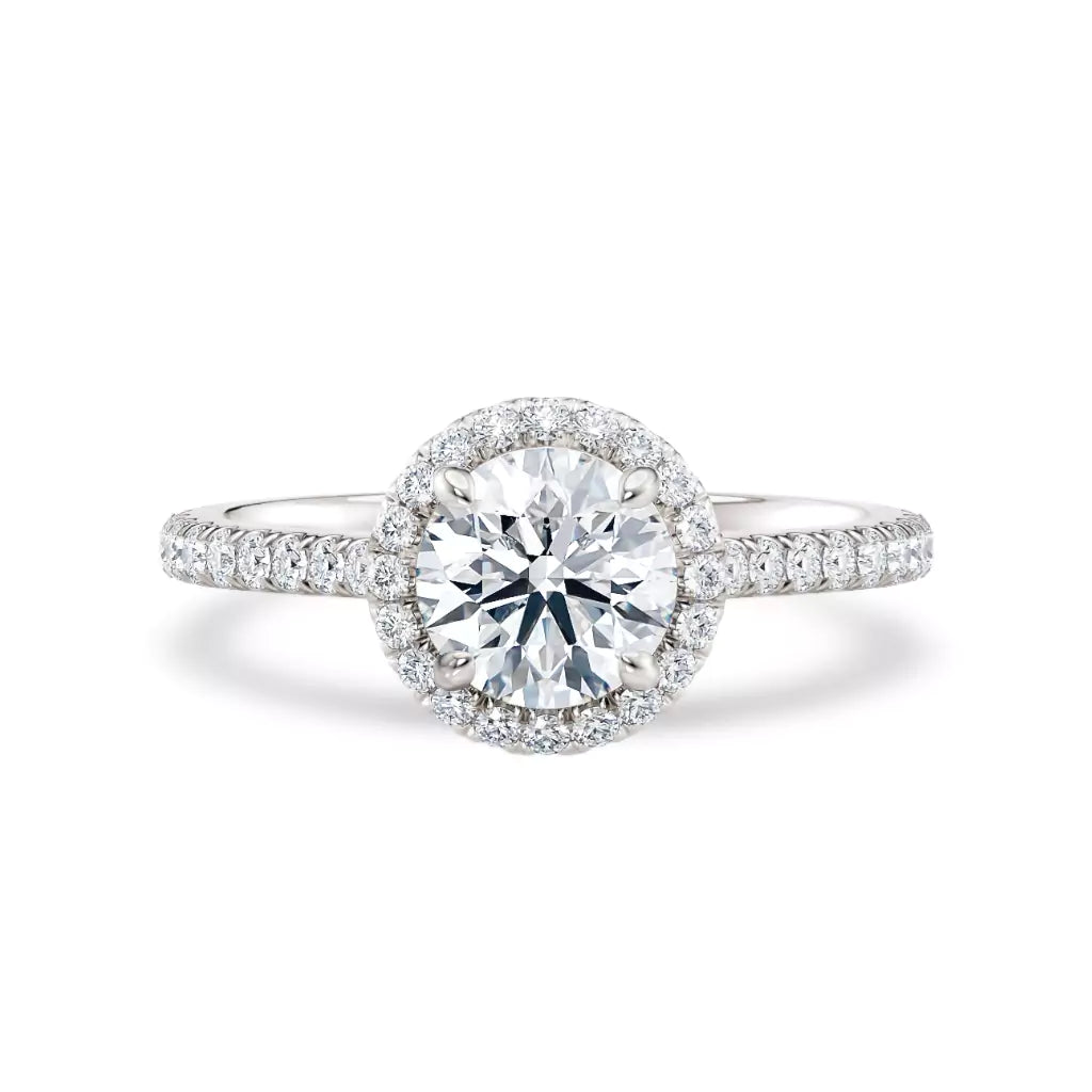 Rosettring hvitt gull, 1,46 ct lab diamant, vist liggende forfra, designet av Hartwell.