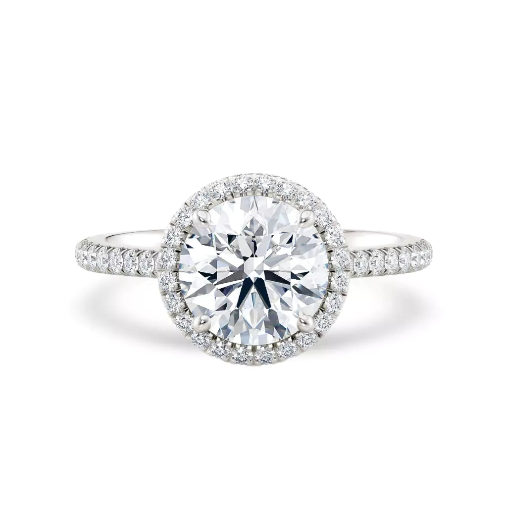 Rosettring hvitt gull, 2,49 ct lab diamant, vist liggende forfra, designet av Hartwell.
