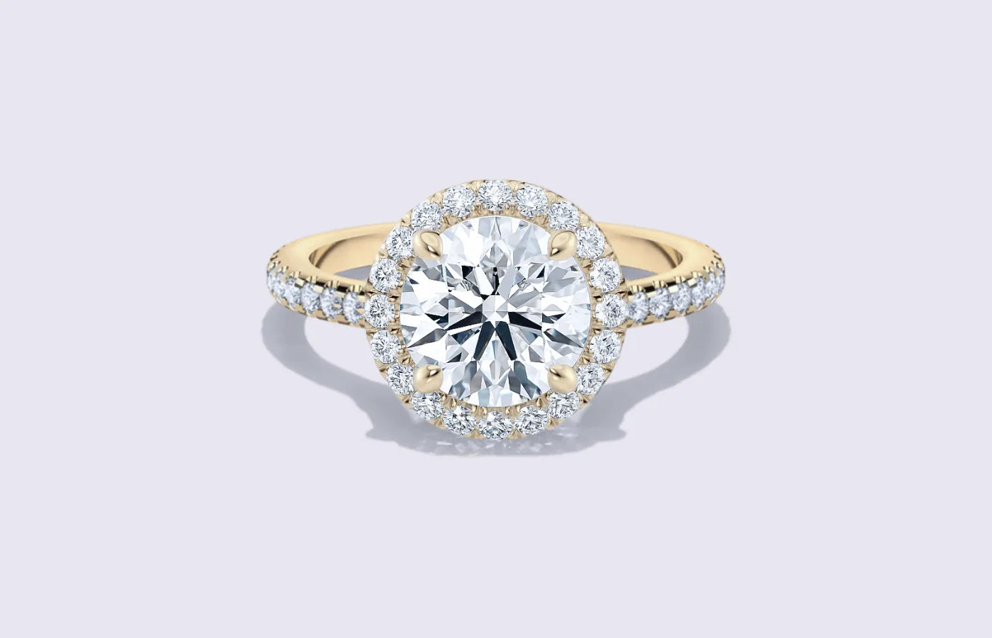 Rosettring med pavé i gult gull – halo diamantring med lab-diamanter fra Hartwell