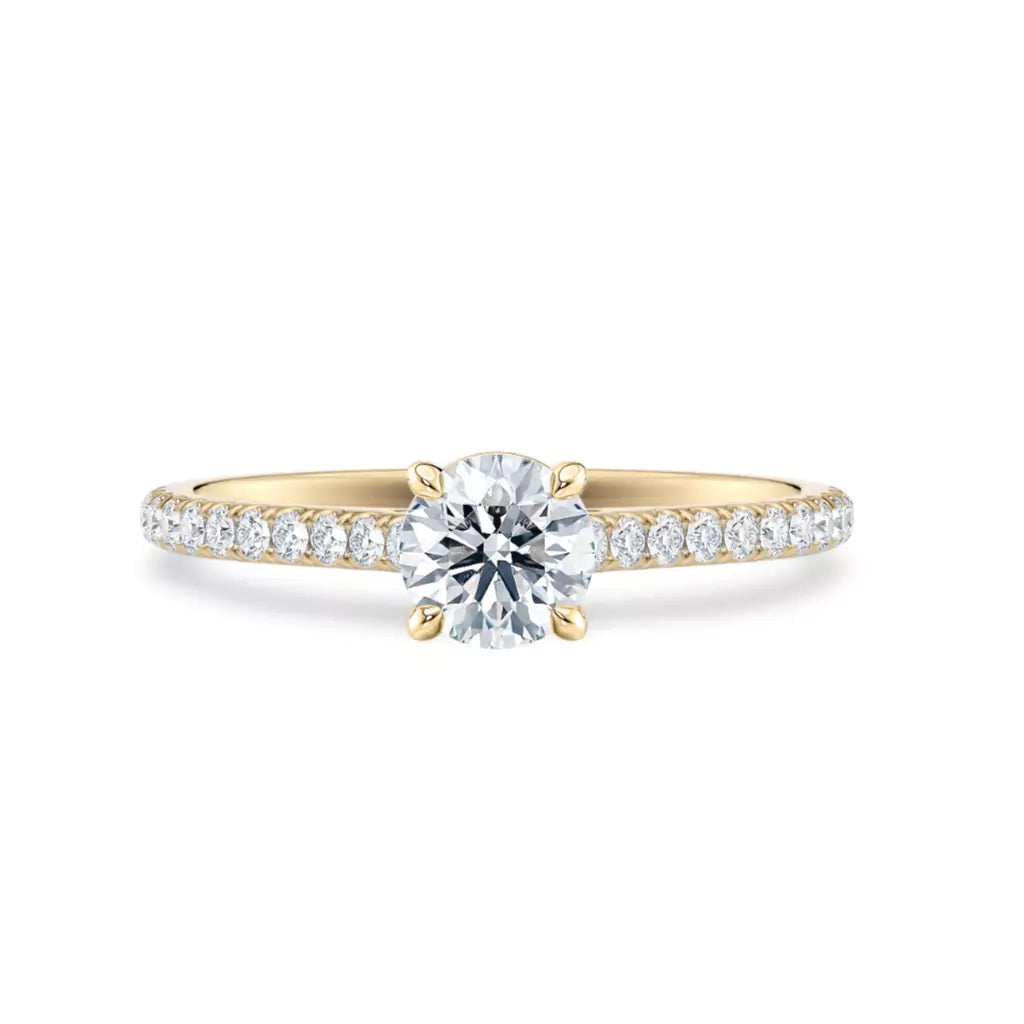 Tynn diamantring pavé gult gull 0,76 ct med lab-diamant, vist liggende forfra, designet av Hartwell.