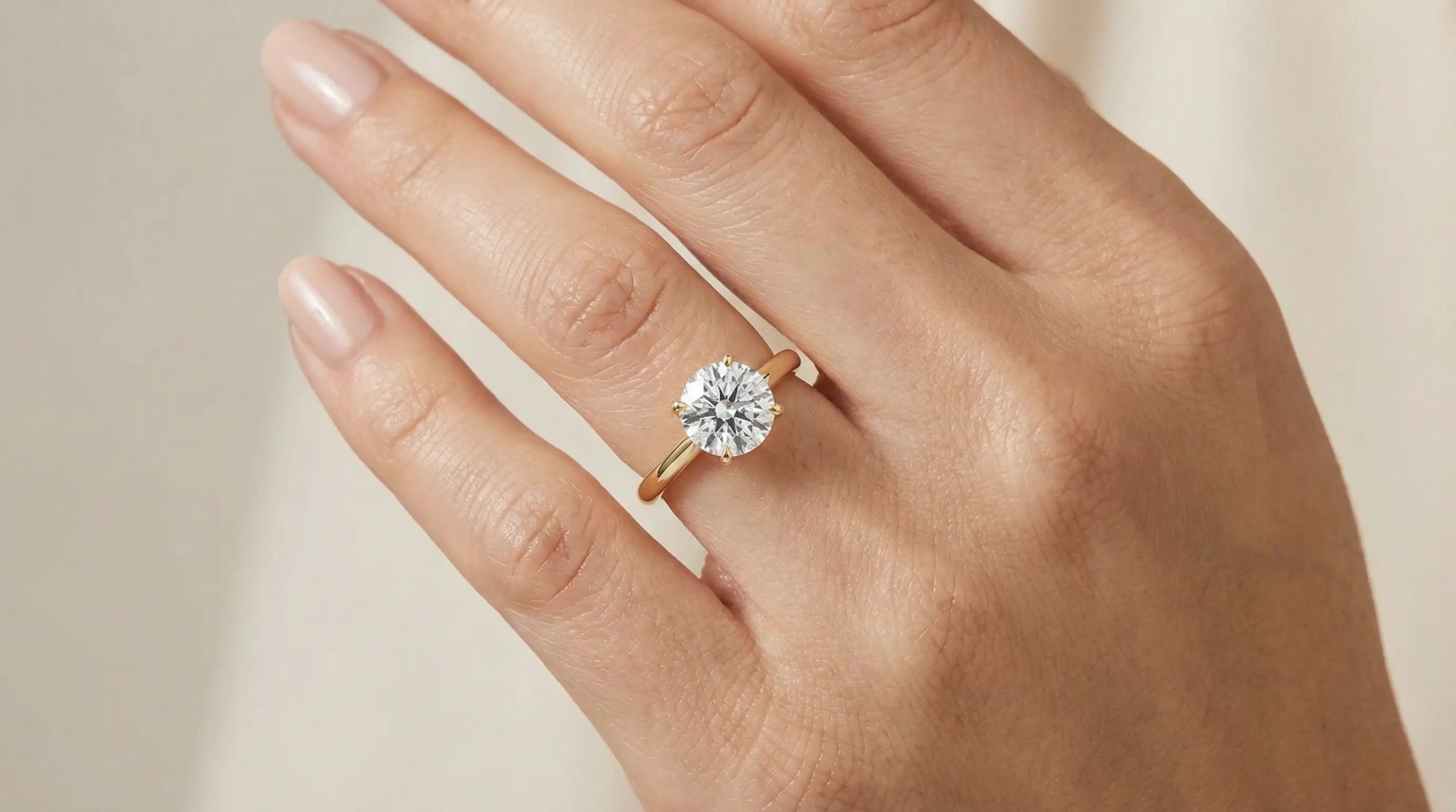 Lab diamant solitairering på hånd – illustrerer valg mellom 1 carat og 2 carat diamantstørrelse