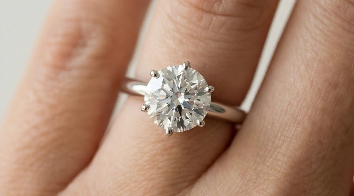 Rundslipt diamant i hvitt gull sett på hånd