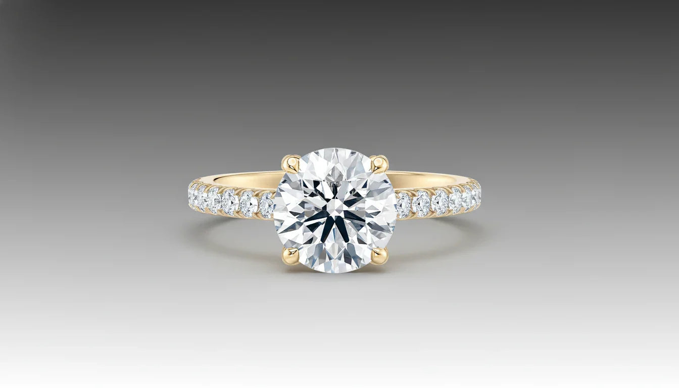 Solitaire diamantring i gult gull med rund lab-diamant, brukt som feature image i guiden om hvordan kjøpe diamant på nett – trygt, ekte og uten stress.