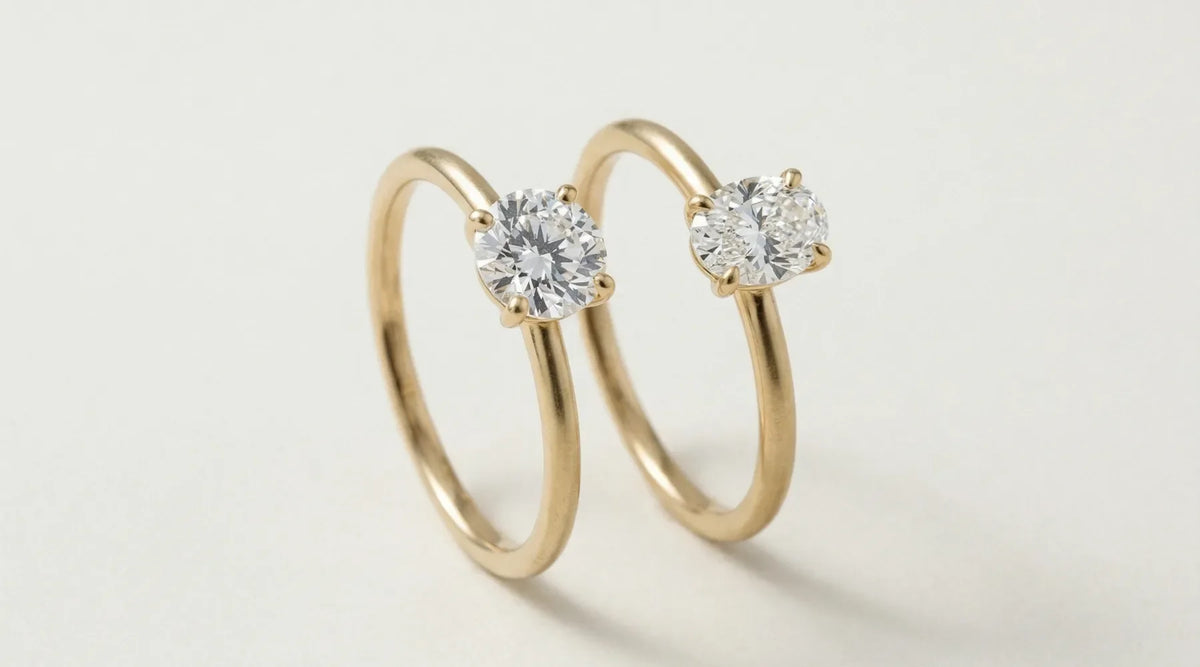 Oval vs rund lab diamant forlovelsesring i gult gull sammenlignet side ved side