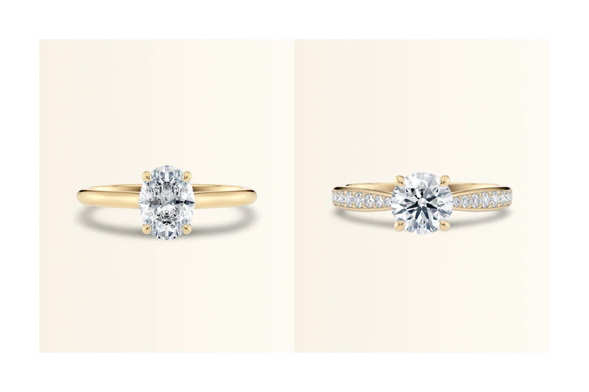 Sammenligning av forlovelsesring med oval diamant og rund briljant fra Hartwell – forskjeller i størrelse, glans og stil