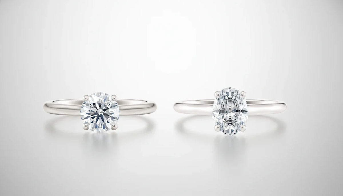 Oval vs rund diamant – sammenligning av to forlovelsesringer i hvitt gull med lab-diamanter fra Hartwell