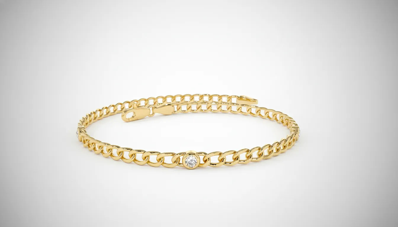 Diamantarmbånd i gult gull med bezel-fattet rund lab-diamant, brukt som hovedbilde for kolleksjonen “Diamantarmbånd”.