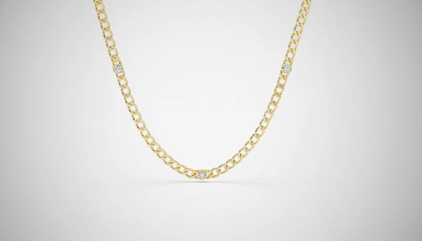 Gult gull halskjede med bezel-fattet diamant, brukt i seksjonen “Populære smykker og diamantringer”.