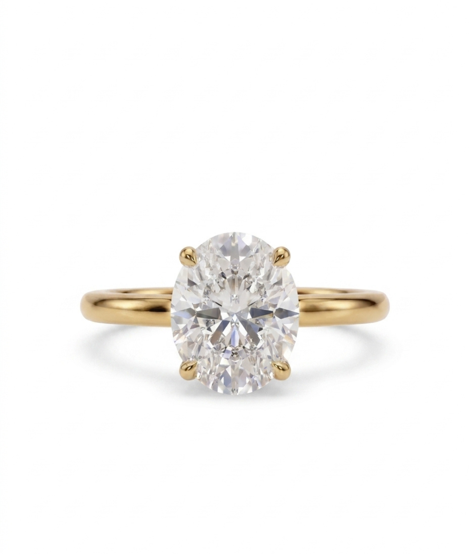 Diamantring oval gult gull 2 ct lab diamant, vist liggende forfra, designet av Hartwell.