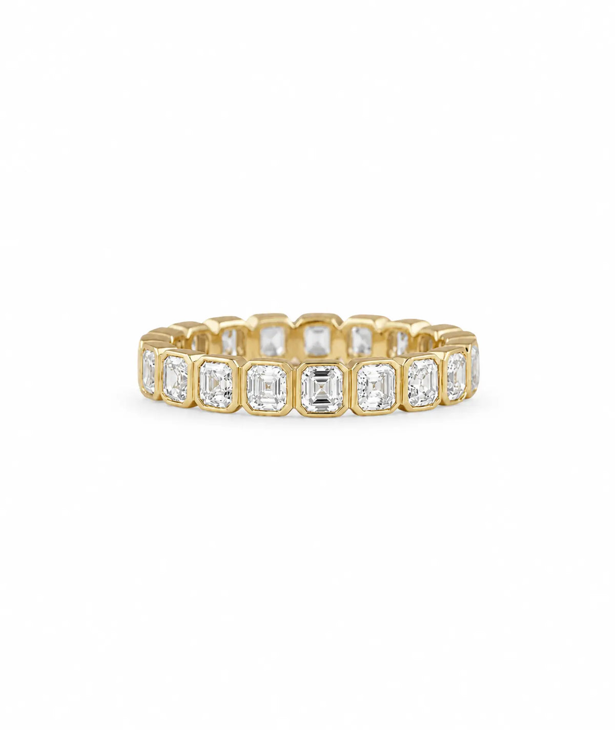 Asscher Cut Bezel Eternity Ring i 14K gult gull med 1,90 ct laboratoriedyrkede diamanter, bezelinnfatning.