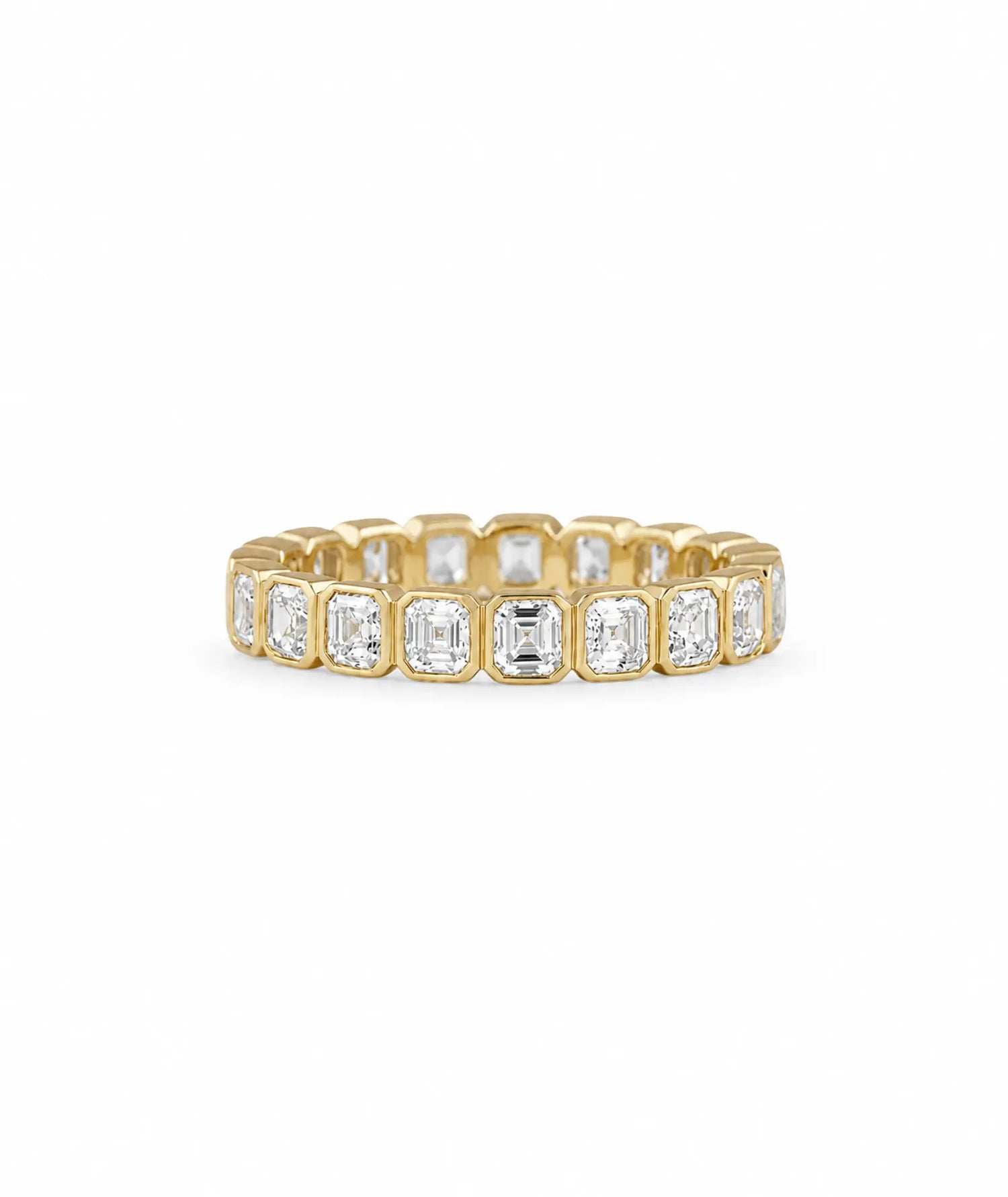 Asscher Cut Bezel Eternity Ring i 14K gult gull med 1,90 ct laboratoriedyrkede diamanter, bezelinnfatning.