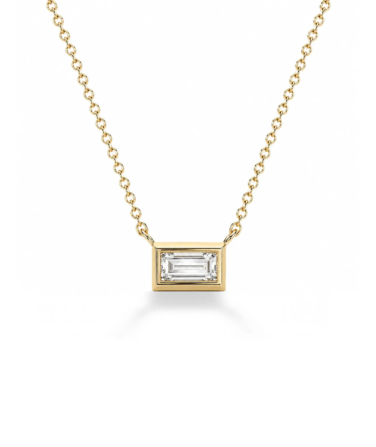 Baguette diamanthalskjede i bezelinnfatning, 14K gult gull.