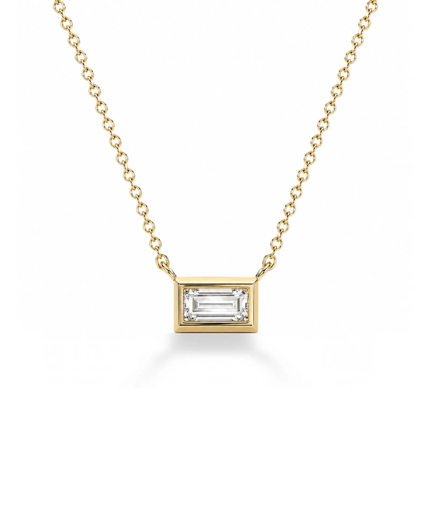 Baguette diamanthalskjede i bezelinnfatning, 14K gult gull.