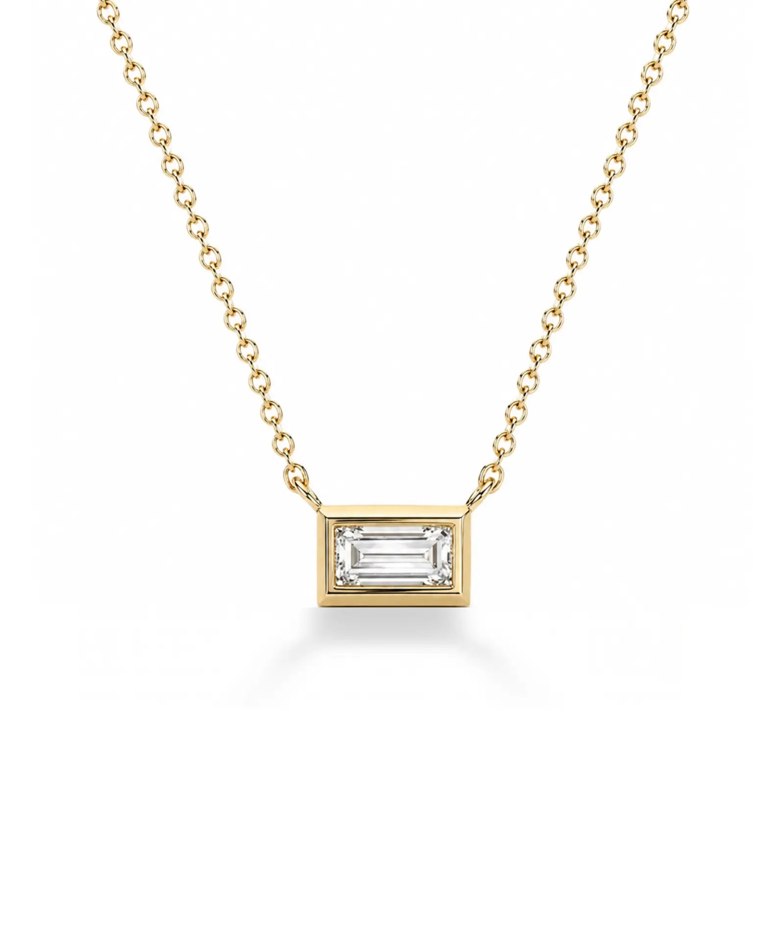 Baguette diamanthalskjede i bezelinnfatning, 14K gult gull.