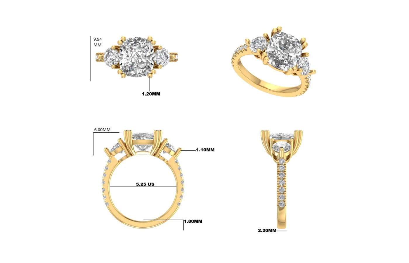 3D-visualisering av skreddersydd diamantring med mål og proporsjoner