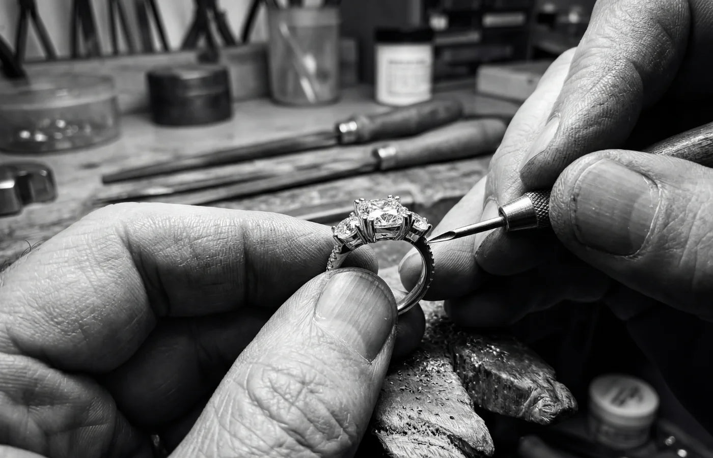 Gullsmed som arbeider med fatting av diamanter i skreddersydd ring