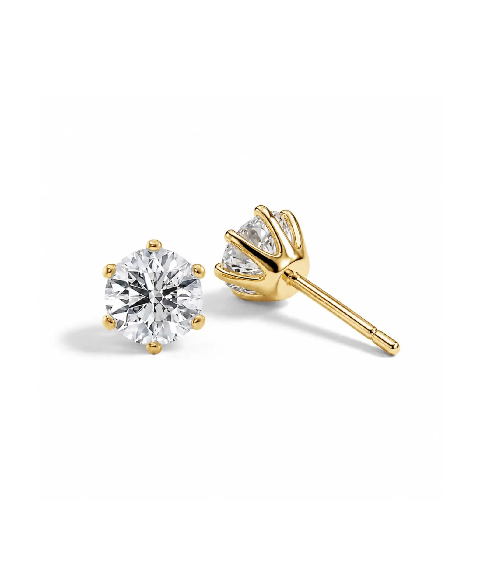 Diamantøredobber i gult gull 2 x 1 ct med 6 klør – lab diamant, front- og sidevisning