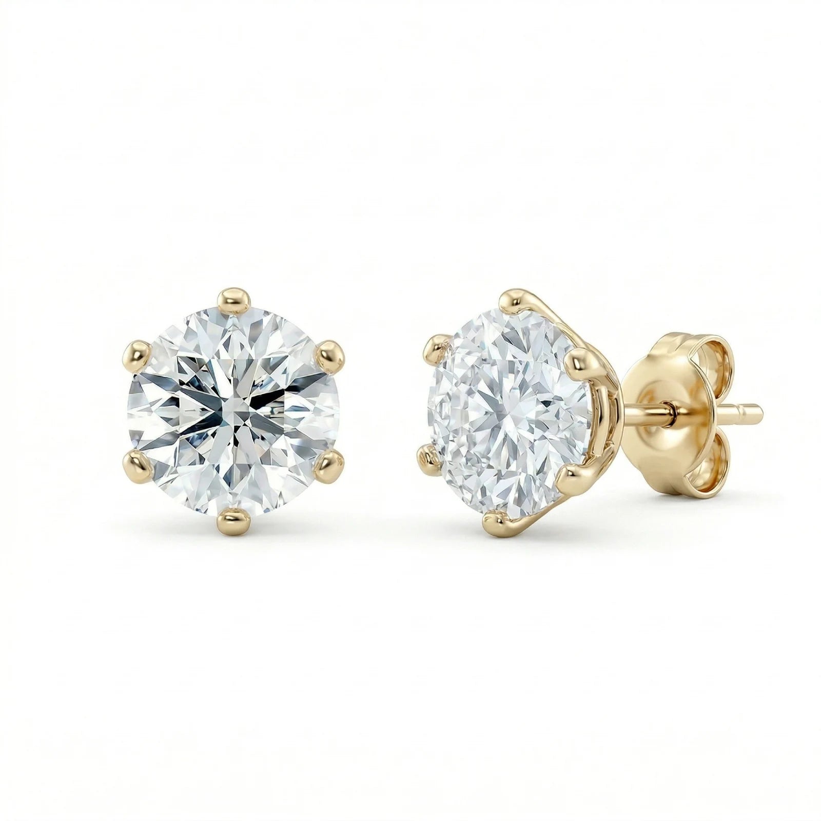 Diamantøredobber i gult gull 2x1 ct med 6 klør – lab diamant, front- og sidevisning