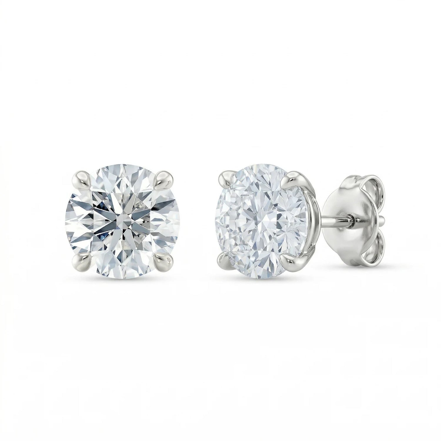 Diamantøredobber i hvitt gull 2x1 ct med 4 klør – lab diamant, front- og sidevisning