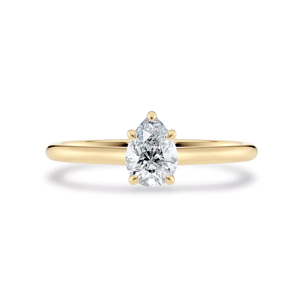 Diamantring dråpe gult gull 0,50 ct lab diamant, vist liggende forfra, designet av Hartwell.
