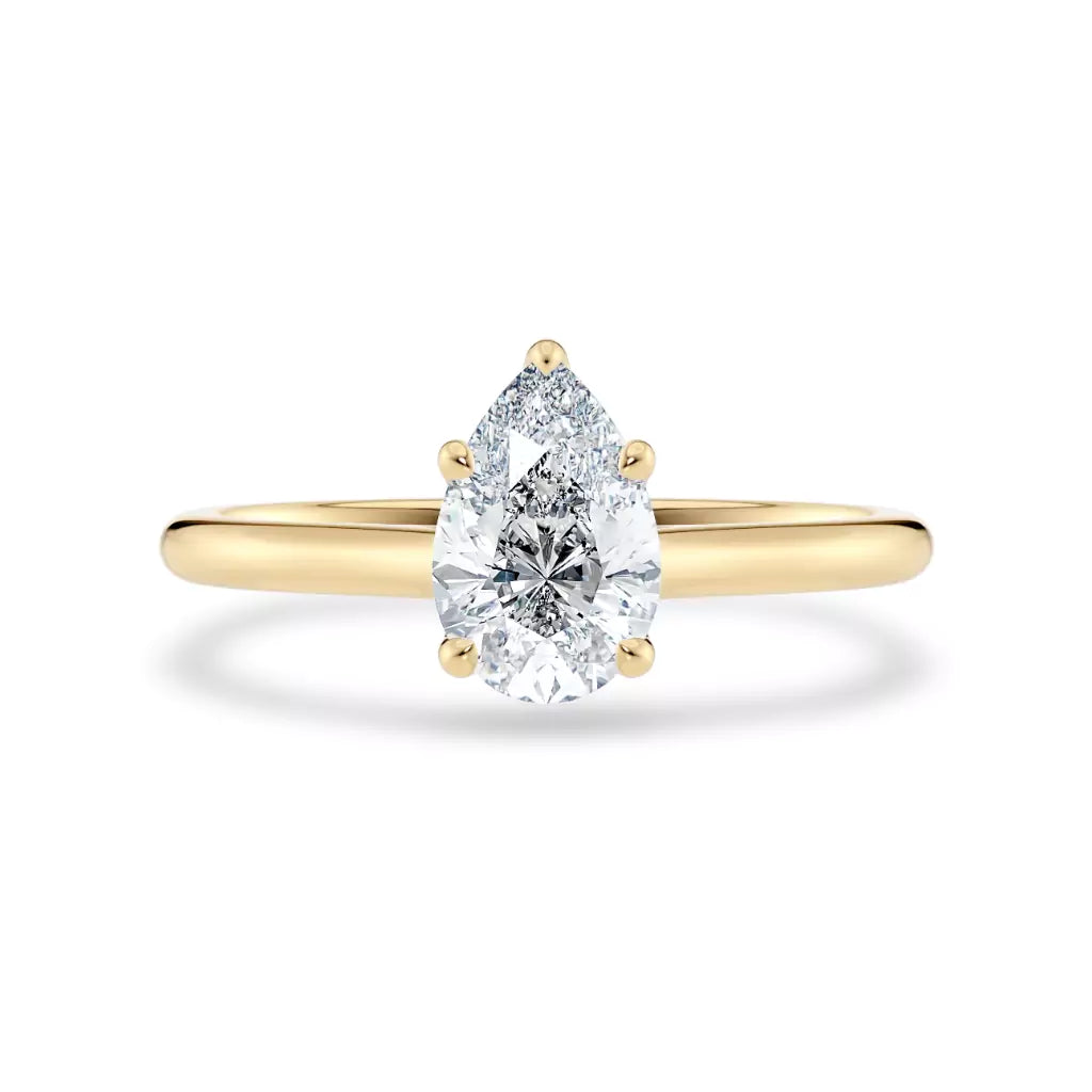 Diamantring dråpe gult gull 1 ct lab diamant, vist liggende forfra, designet av Hartwell.