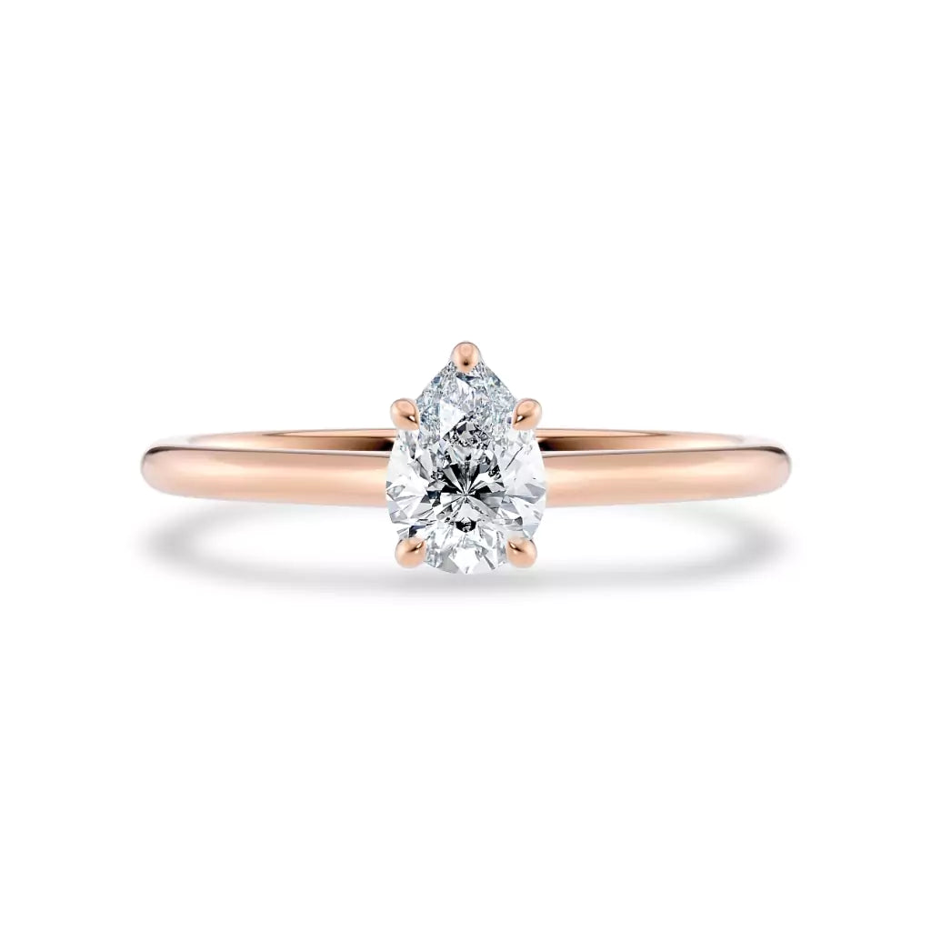 Diamantring dråpe rosegull 0,50 ct lab diamant, vist liggende forfra, designet av Hartwell.