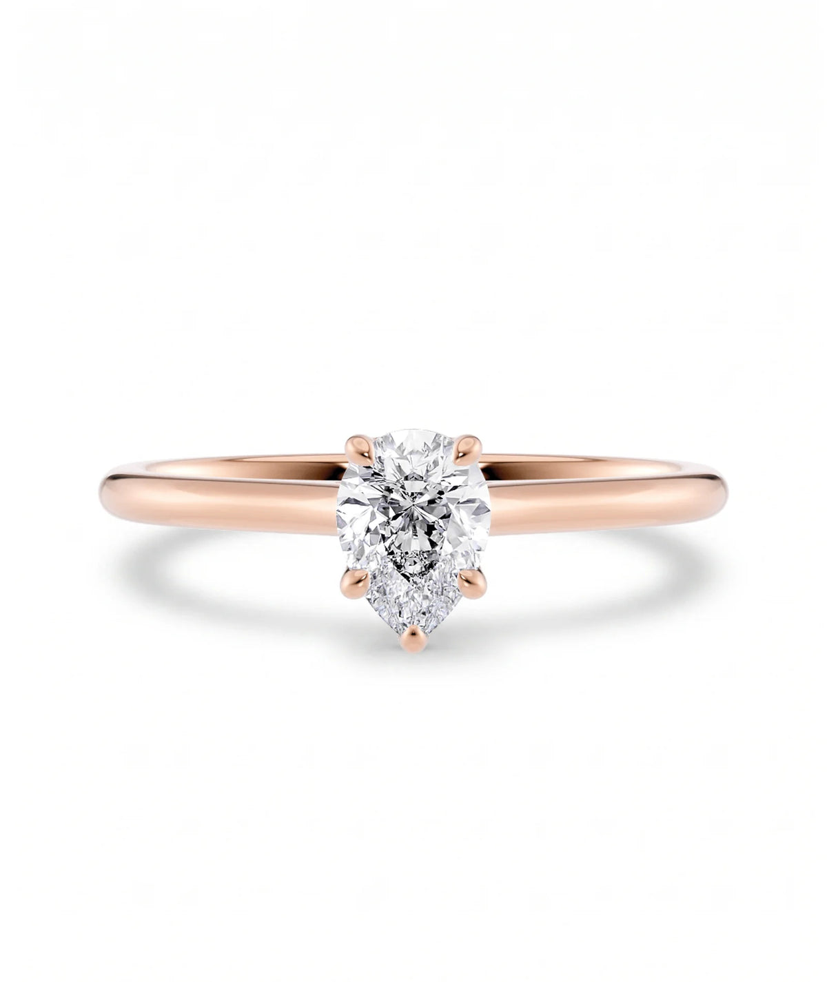 Diamantring dråpe rosegull 0,50 ct lab diamant, vist liggende forfra, designet av Hartwell.