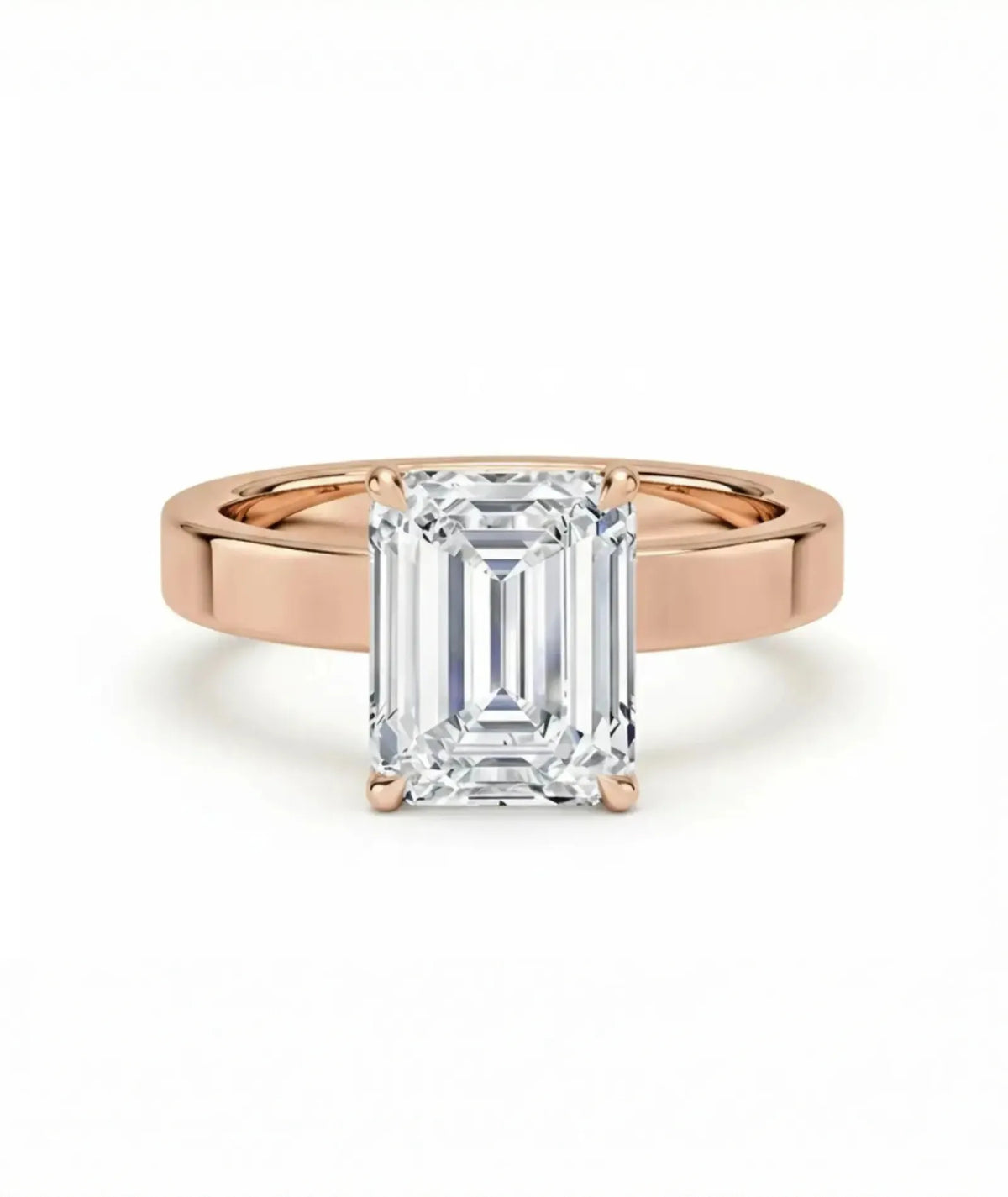 Front av diamantring 2,00 ct emerald cut cigar band 3 mm i rosegull