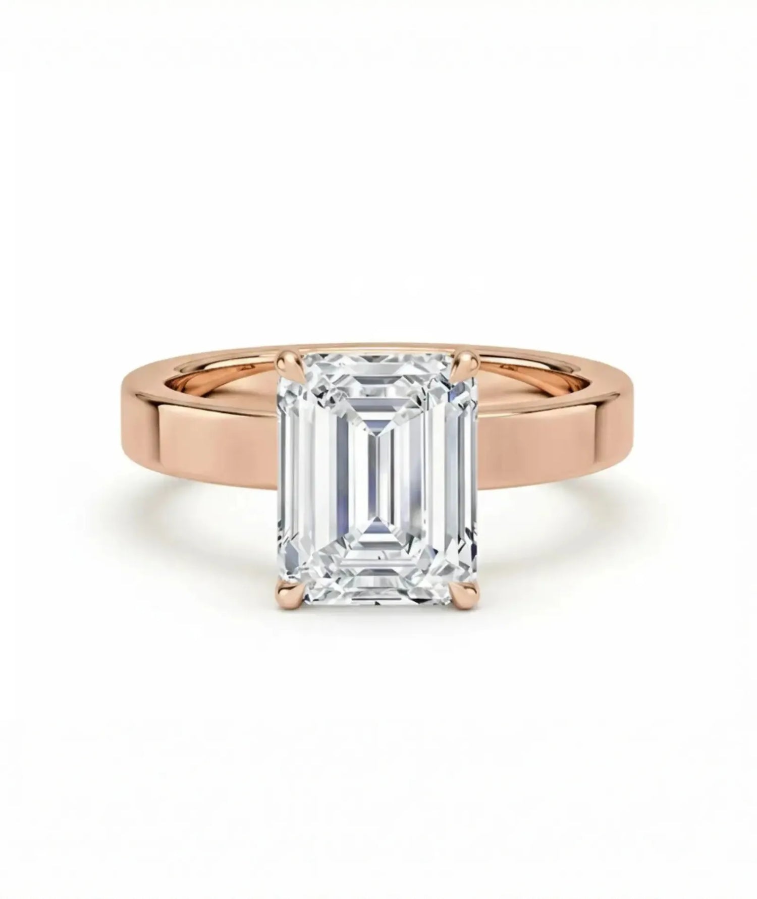 Front av diamantring 2,00 ct emerald cut cigar band 3 mm i rosegull