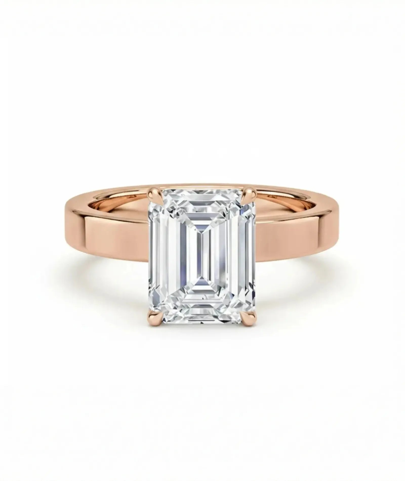 Front av diamantring 2,00 ct emerald cut cigar band 3 mm i rosegull