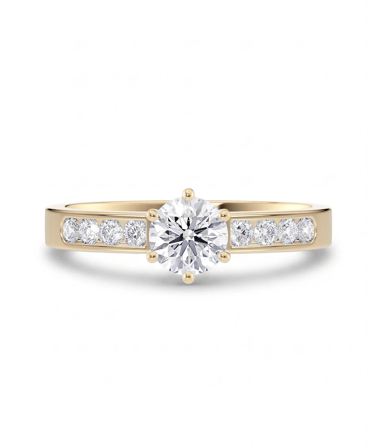 Diamantring kanalinnfatning gult gull med 0,74 ct med lab-diamant, vist liggende forfra, designet av Hartwell.