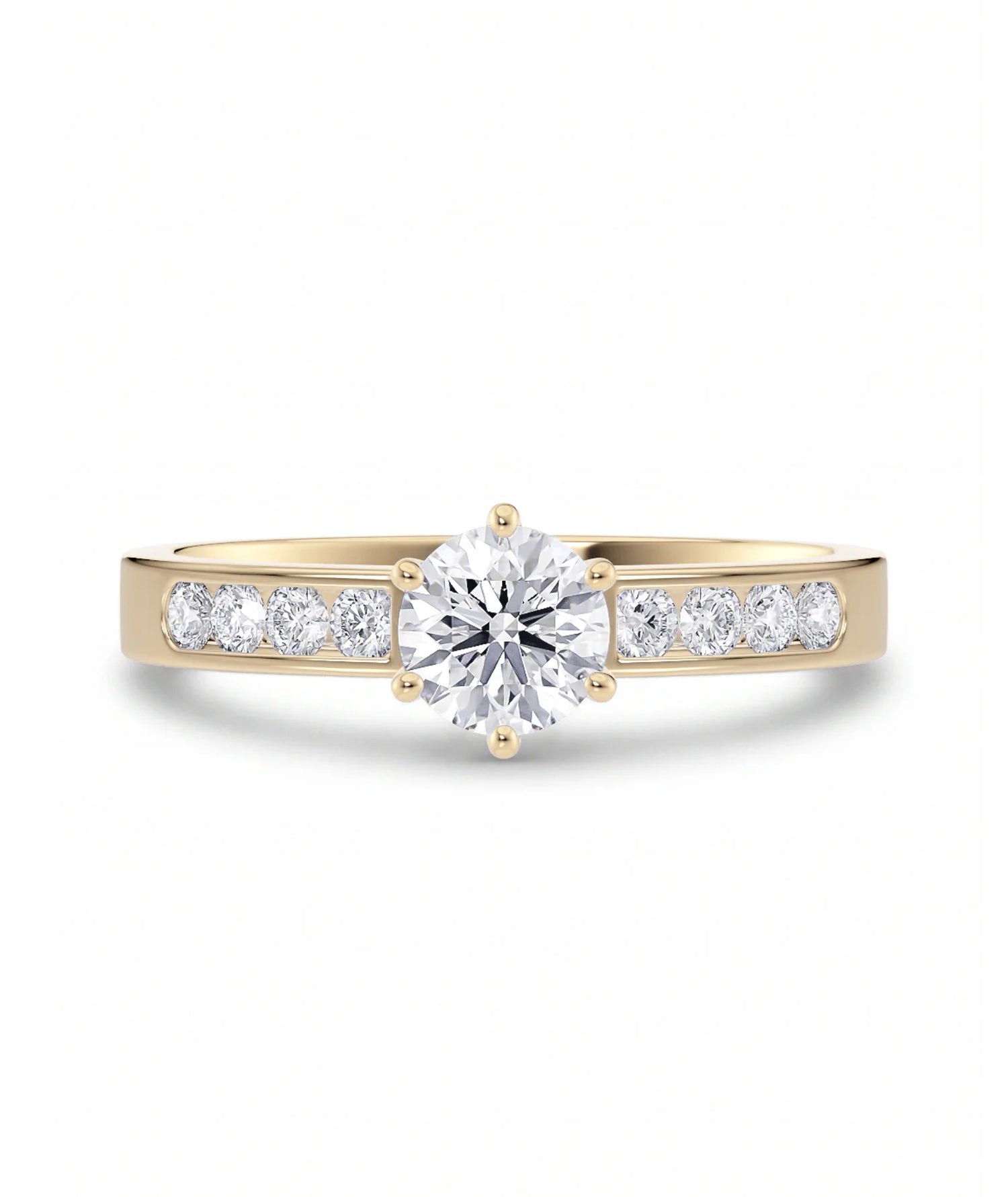 Diamantring kanalinnfatning gult gull med 0,74 ct med lab-diamant, vist liggende forfra, designet av Hartwell.