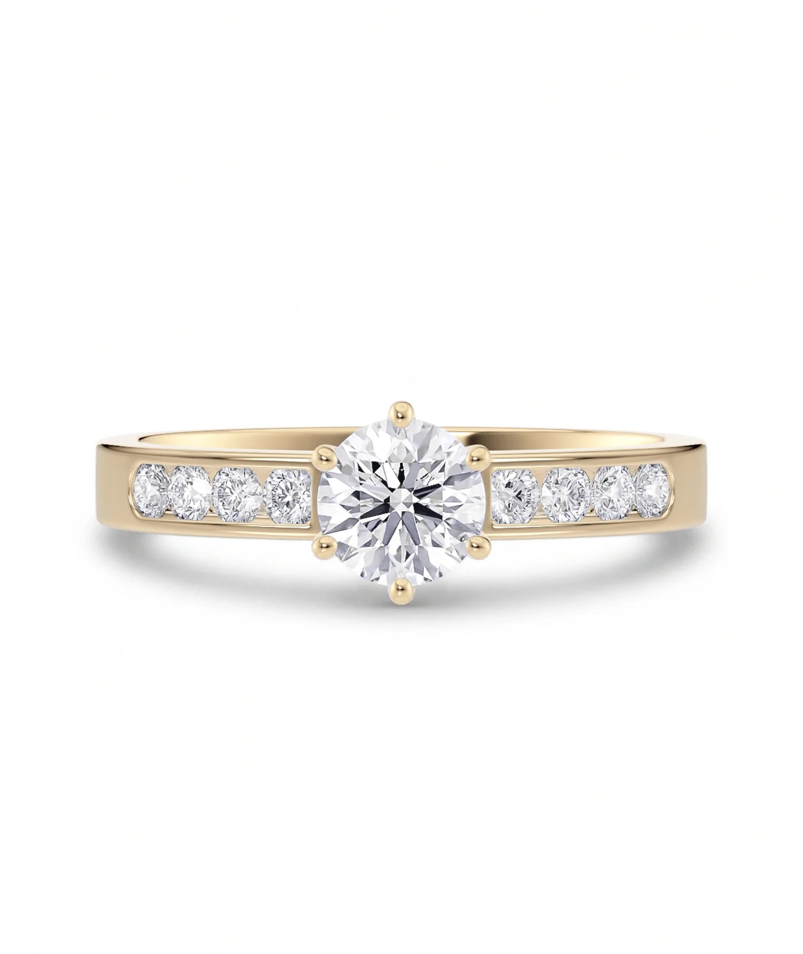 Diamantring kanalinnfatning gult gull med 0,74 ct med lab-diamant, vist liggende forfra, designet av Hartwell.