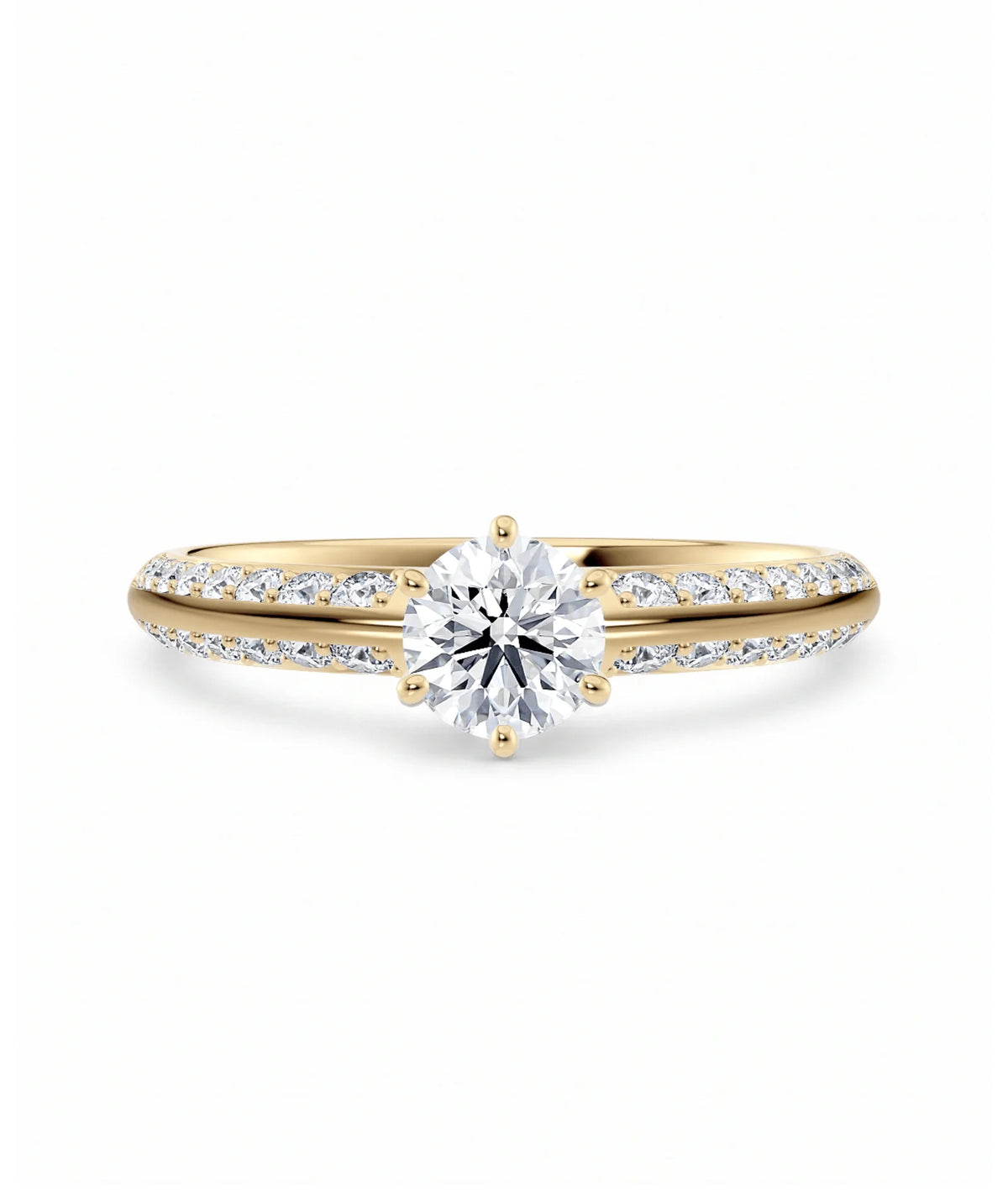 Diamantring knife edge pavé gult gull med 0,90 ct med lab-diamant, vist liggende forfra, designet av Hartwell.