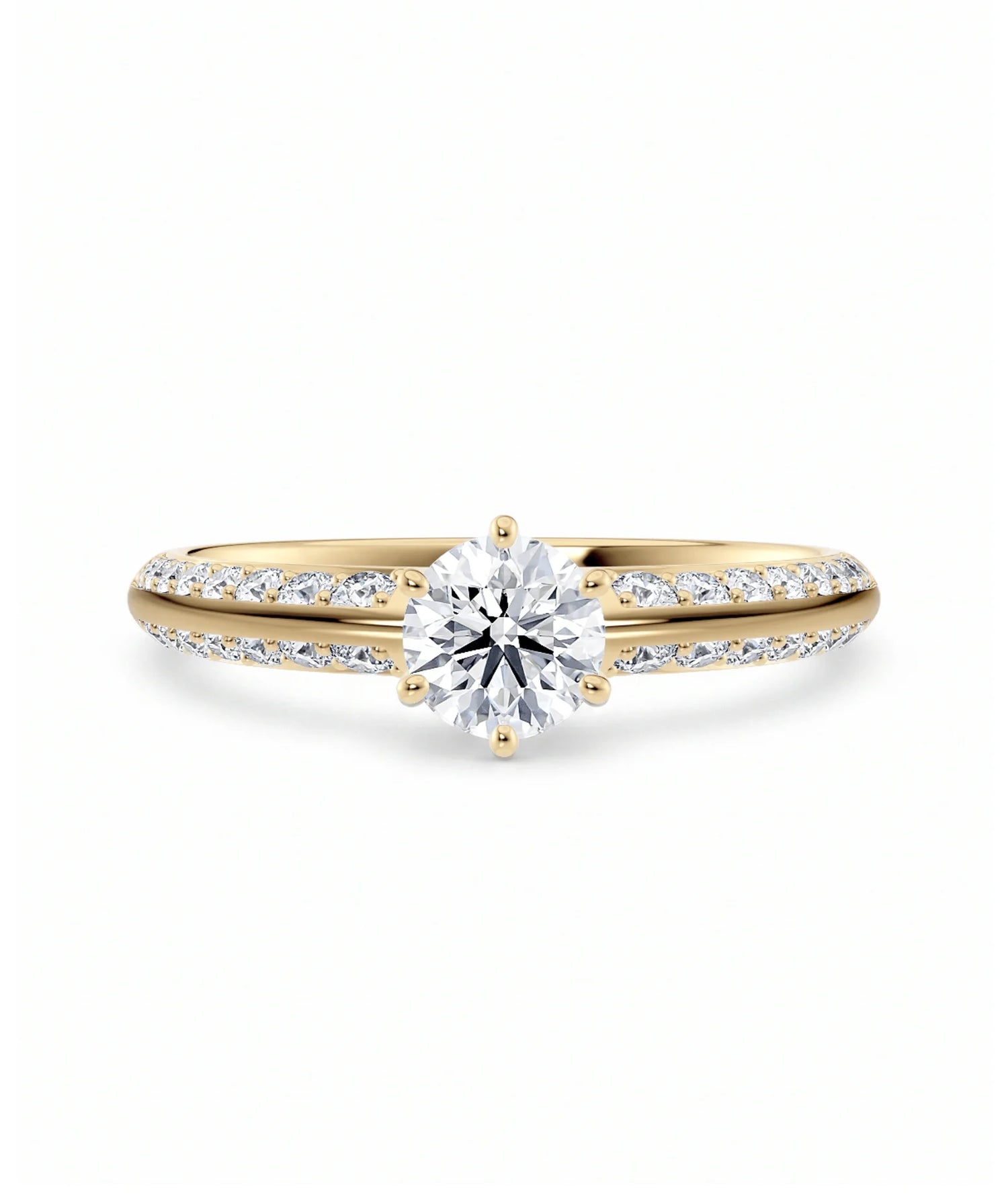Diamantring knife edge pavé gult gull med 0,90 ct med lab-diamant, vist liggende forfra, designet av Hartwell.