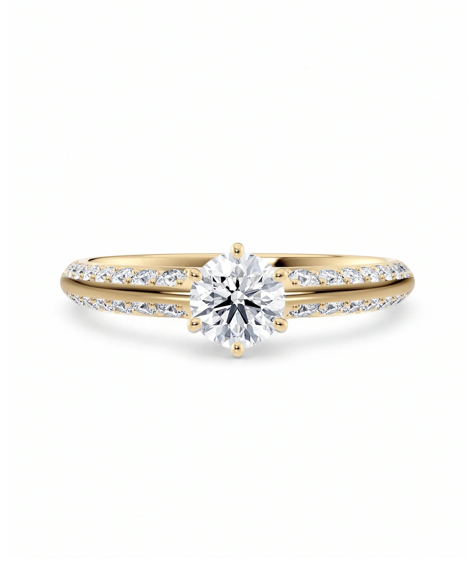 Diamantring knife edge pavé gult gull med 0,90 ct med lab-diamant, vist liggende forfra, designet av Hartwell.