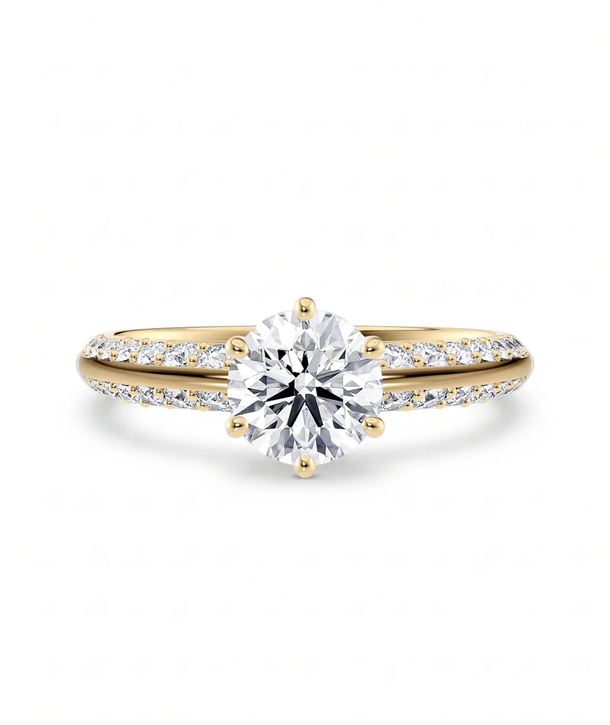 Diamantring knife edge pavé gult gull med 1,40 ct med lab-diamant, vist liggende forfra, designet av Hartwell.