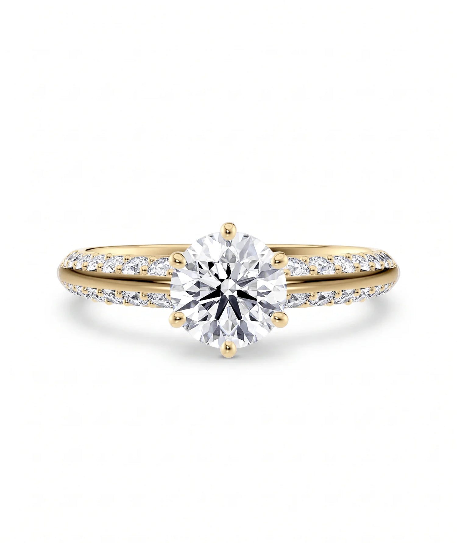 Diamantring knife edge pavé gult gull med 1,40 ct med lab-diamant, vist liggende forfra, designet av Hartwell.