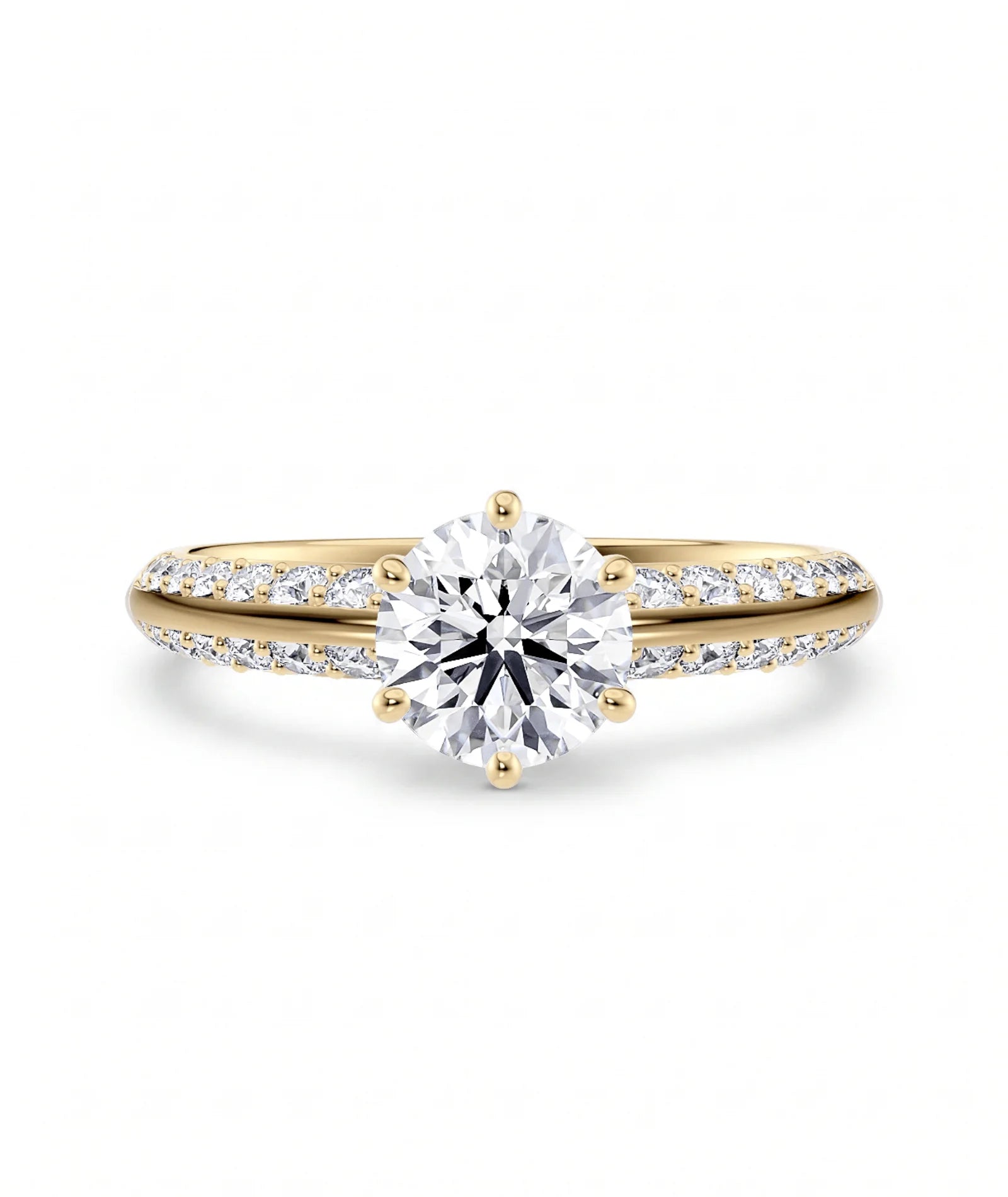 Diamantring knife edge pavé gult gull med 1,40 ct med lab-diamant, vist liggende forfra, designet av Hartwell.